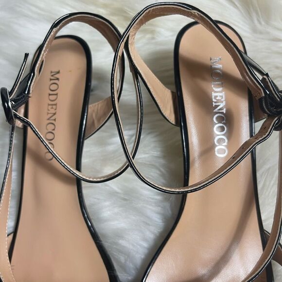 MODENCOCO Black Patent Dress Fashion Open Toe Ankle Strap Strappy Buckle SZ11 - Picture 11 of 12